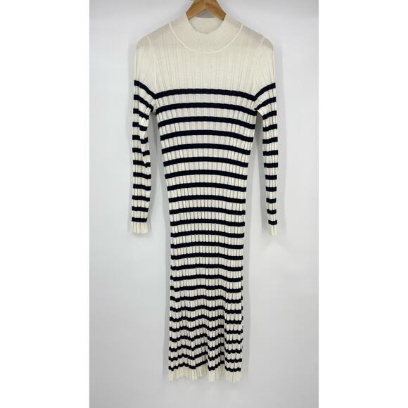 Sezane | Katrina Dress Knit Ribbed Ecru Navy Cream Striped Knit Sweater Dress XL - Picture 4 of 12